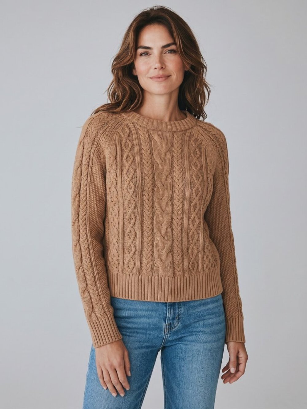 Gap Camel Chunky Cable Knit Cropped Crewneck Sweater